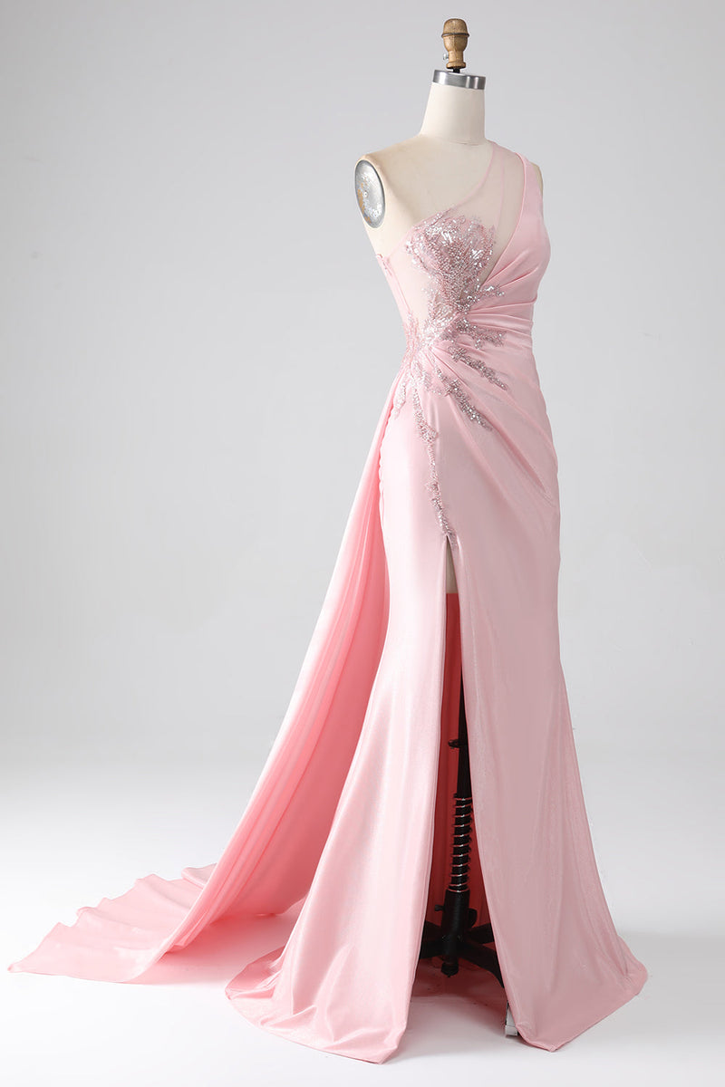 Load image into Gallery viewer, Pink Mermaid One Shoulder Sequins Appliques Ruched Prom Dress With Slit