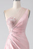 Load image into Gallery viewer, Pink Mermaid One Shoulder Sequins Appliques Ruched Prom Dress With Slit