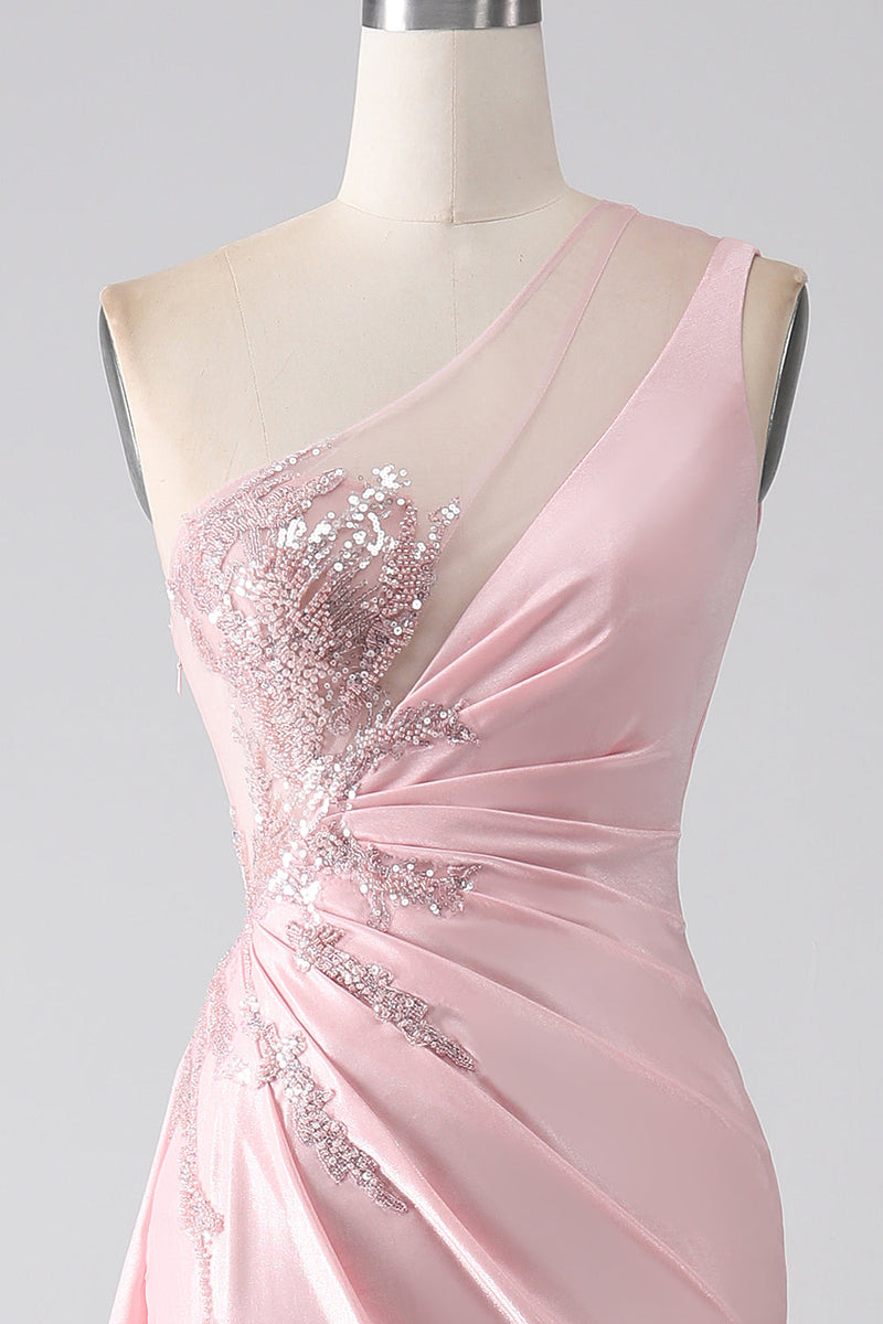 Load image into Gallery viewer, Pink Mermaid One Shoulder Sequins Appliques Ruched Prom Dress With Slit