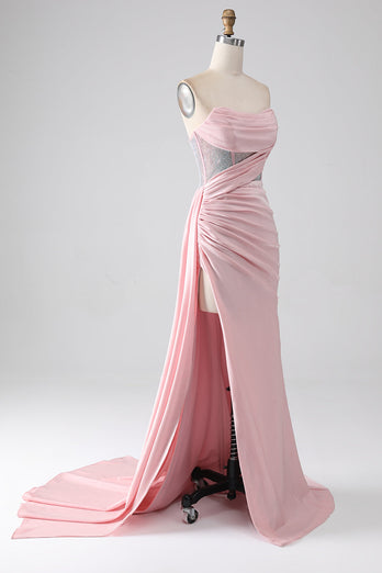 Pink Mermaid Strapless Beaded Pleated Long Prom Dress With High Slit