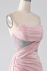 Load image into Gallery viewer, Pink Mermaid Strapless Beaded Pleated Long Prom Dress With High Slit