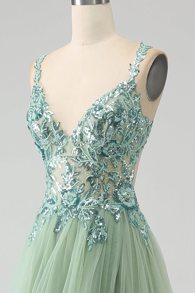 Load image into Gallery viewer, Gorgeous A Line V Neck Light Green Long Prom Dress with Appliques