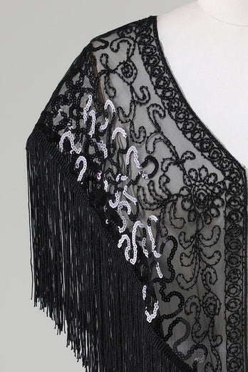 Black Sequins Glitter 1920s Cape with Fringes