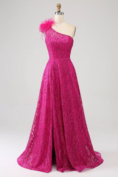 Fuchsia A-Line One Shoulder Feather Sequin Long Prom Dress With Slit