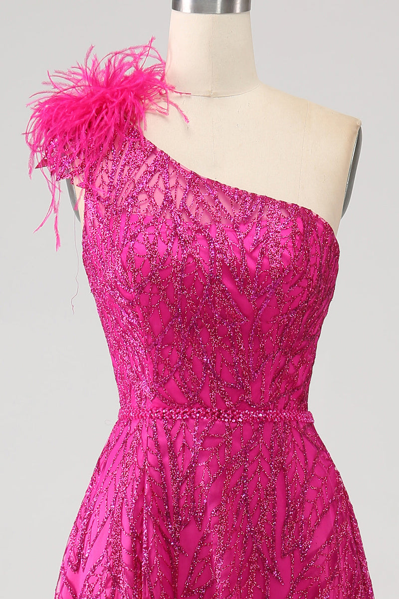 Load image into Gallery viewer, Fuchsia A-Line One Shoulder Feather Sequin Long Prom Dress With Slit