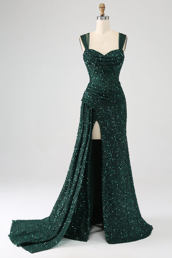 Dark Green Sheath Sparkly Sequin Pleated Long Prom Dress With Thigh Split