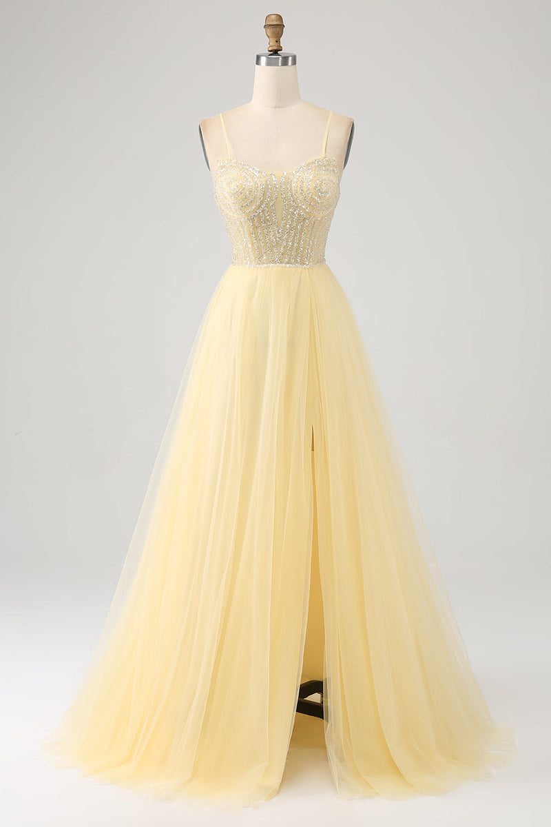 Load image into Gallery viewer, Tulle Beaded Light Yellow Prom Dress with Slit