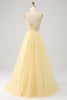 Load image into Gallery viewer, Tulle Beaded Light Yellow Prom Dress with Slit