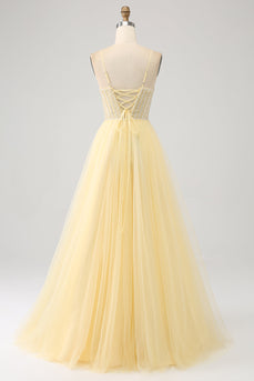 Tulle Beaded Light Yellow Prom Dress with Slit