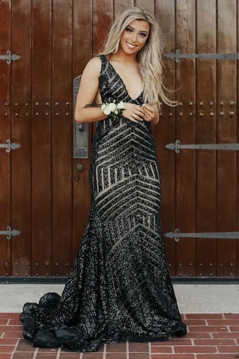 Sparkly Champagne Deep V Neck Sequin Mermaid Prom Dress