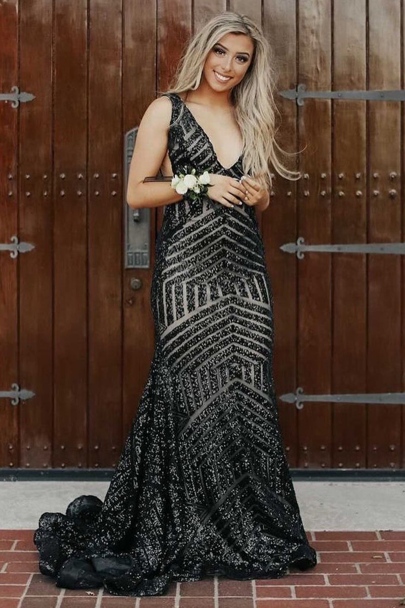 Load image into Gallery viewer, Sparkly Champagne Deep V Neck Sequin Mermaid Prom Dress