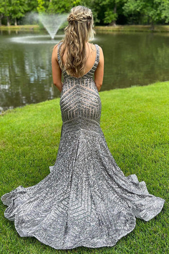 Sparkly Blue Mermaid Deep V Neck Sequin Long Prom Dress