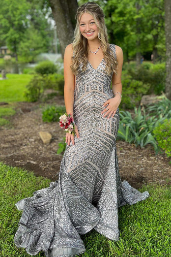 Sparkly Blue Mermaid Deep V Neck Sequin Long Prom Dress