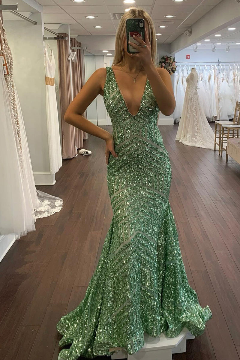 Load image into Gallery viewer, Orange Sparkly Deep V Neck Sequin Mermaid Prom Dress