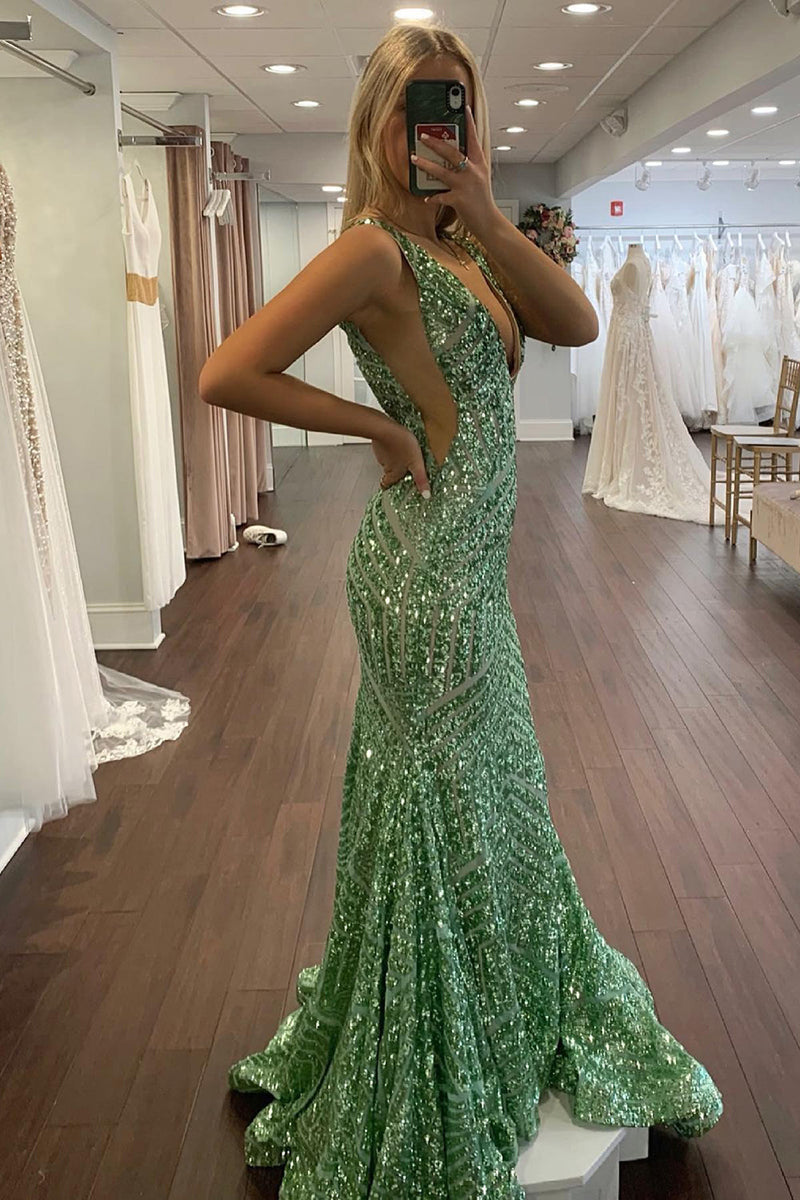 Load image into Gallery viewer, Sparkly Champagne Deep V Neck Sequin Mermaid Prom Dress