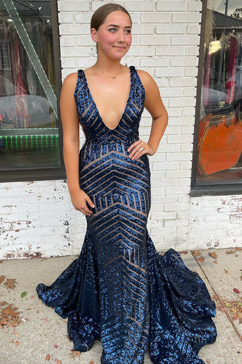 Sparkly Blue Mermaid Deep V Neck Sequin Long Prom Dress