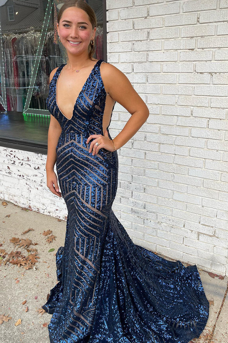 Load image into Gallery viewer, Sparkly Blue Mermaid Deep V Neck Sequin Long Prom Dress