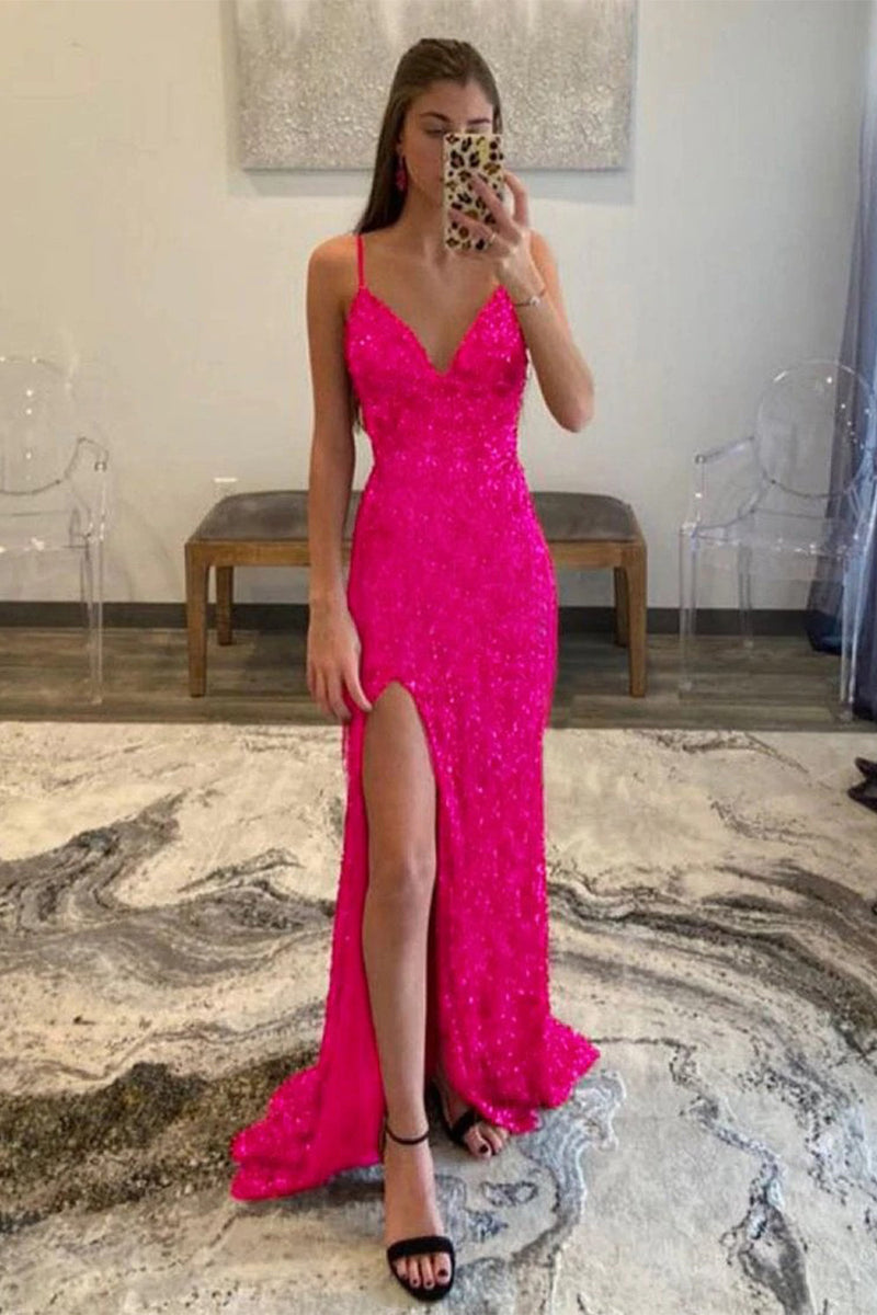 Load image into Gallery viewer, Red Sequins Glitter Prom Dress with Slit