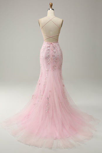 Pink Mermaid Long Prom Dress with Appliques