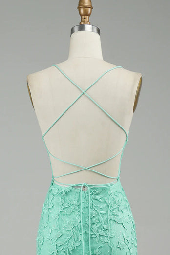 Mint Spaghetti Straps Appliques Prom Dress