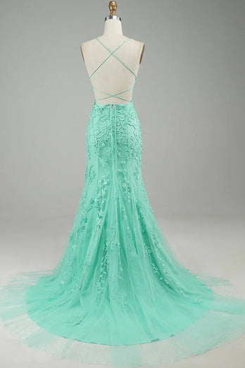 Mint Spaghetti Straps Appliques Prom Dress