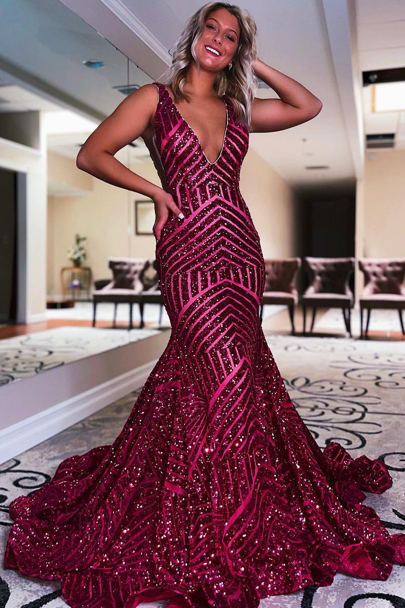 Load image into Gallery viewer, Sparkly Champagne Deep V Neck Sequin Mermaid Prom Dress