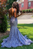 Load image into Gallery viewer, Sparkly Champagne Deep V Neck Sequin Mermaid Prom Dress