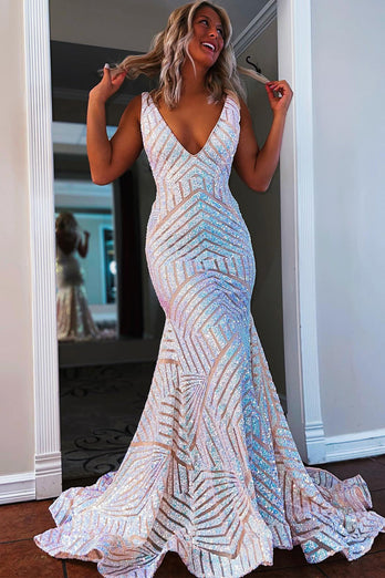 Sparkly Champagne Deep V Neck Sequin Mermaid Prom Dress