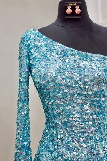 Blue Bodycon Sequins Short Homecoming Dress with Sleeves