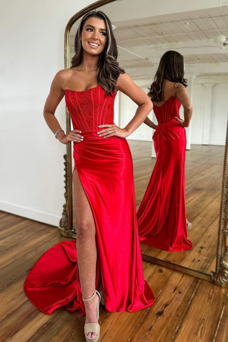 Load image into Gallery viewer, Sparkly Red Sheath Corset Long Prom Dress with Lace