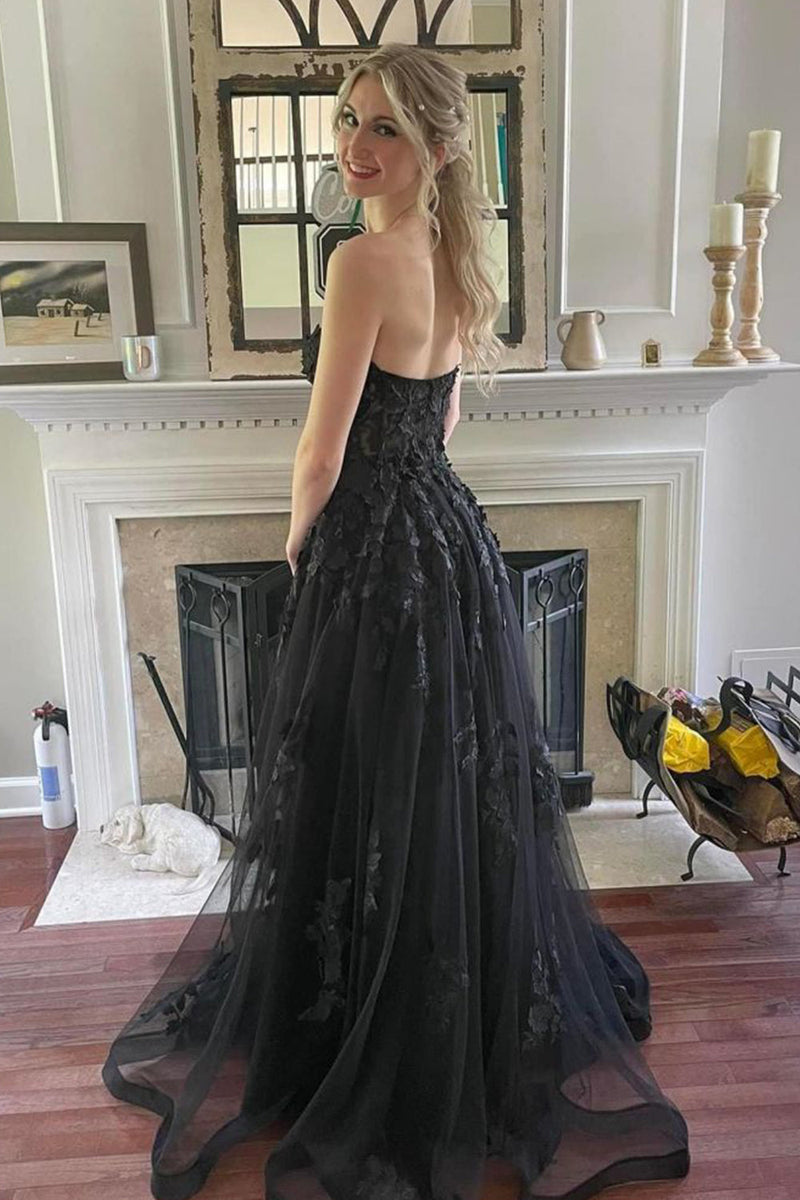 Load image into Gallery viewer, Black Corset A-Line Tulle Long Prom Dress with Lace