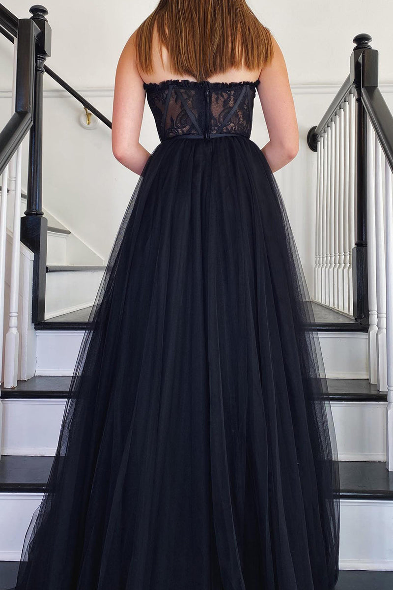 Load image into Gallery viewer, Black A-Line Corset Long Prom Dress with Slit