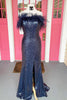 Load image into Gallery viewer, Light Blue Sparkly Sequins Off the Shoulder Long Prom Dress with Feathers