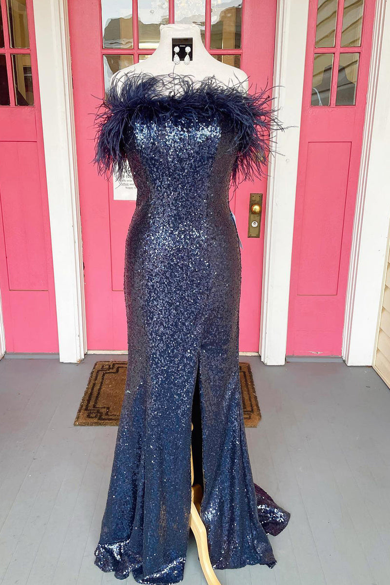 Load image into Gallery viewer, Light Blue Sparkly Sequins Off the Shoulder Long Prom Dress with Feathers