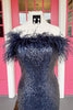 Load image into Gallery viewer, Light Blue Sparkly Sequins Off the Shoulder Long Prom Dress with Feathers