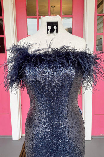 Light Blue Sparkly Sequins Off the Shoulder Long Prom Dress with Feathers