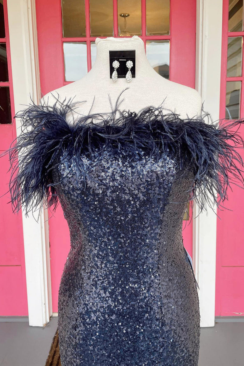 Load image into Gallery viewer, Light Blue Sparkly Sequins Off the Shoulder Long Prom Dress with Feathers