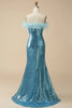 Load image into Gallery viewer, Light Blue Sparkly Sequins Off the Shoulder Long Prom Dress with Feathers