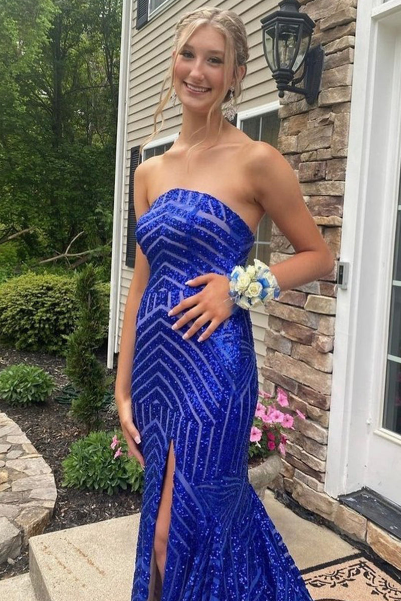 Load image into Gallery viewer, Sky Blue Sequins Strapless Long Prom Dress