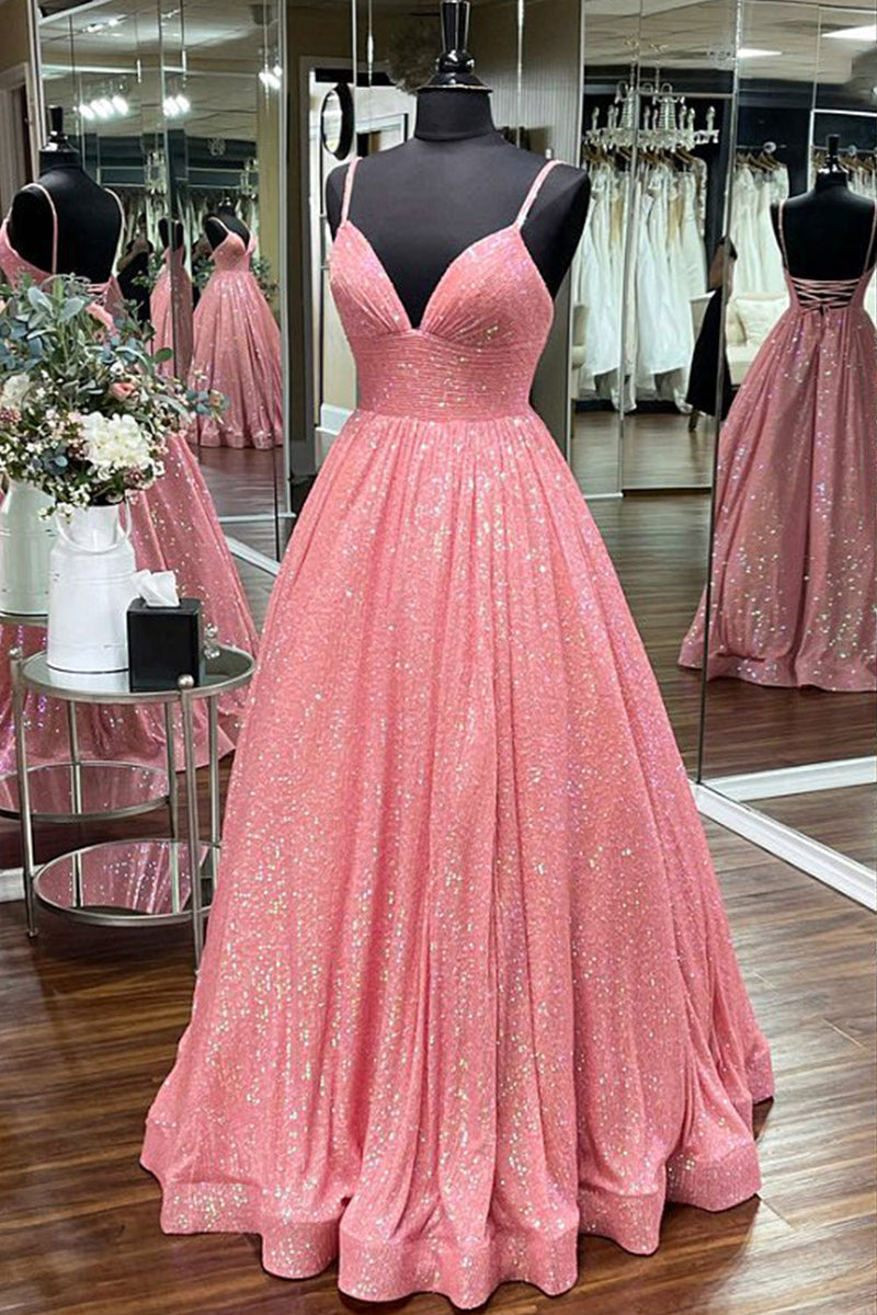 Load image into Gallery viewer, Sparkly Hot Pink Sequins A-Line Long Prom Dress