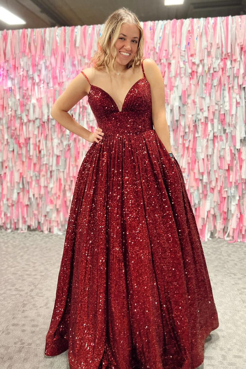 Load image into Gallery viewer, Sparkly Hot Pink Sequins A-Line Long Prom Dress