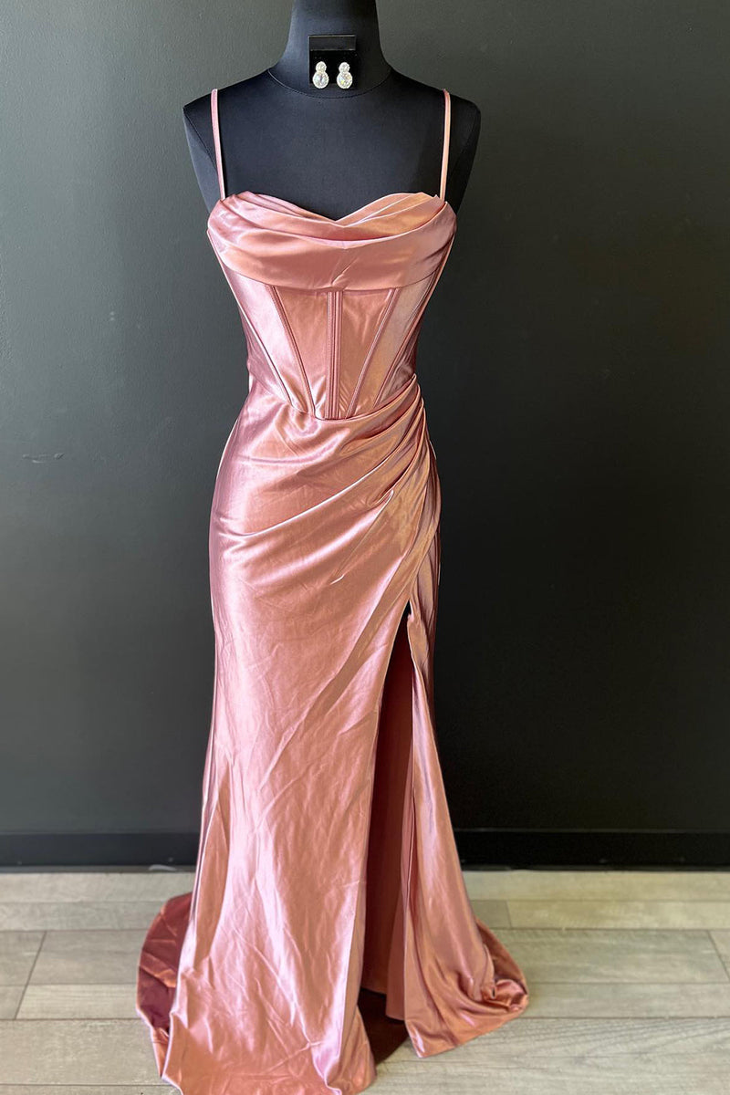 Load image into Gallery viewer, Hot Pink Spaghetti Straps Satin Mermaid Prom Dress with Slit