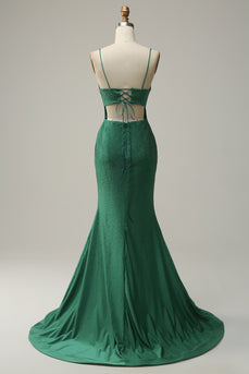 Mermaid Spaghettti Straps Dark Green Sequins Long Prom Dress with Split Front