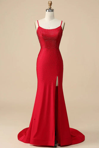 Mermaid Spaghettti Straps Red Sequins Long Prom Dress with Split Front