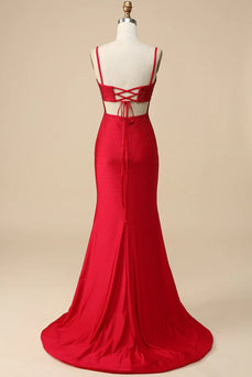 Mermaid Spaghettti Straps Red Sequins Long Prom Dress with Split Front