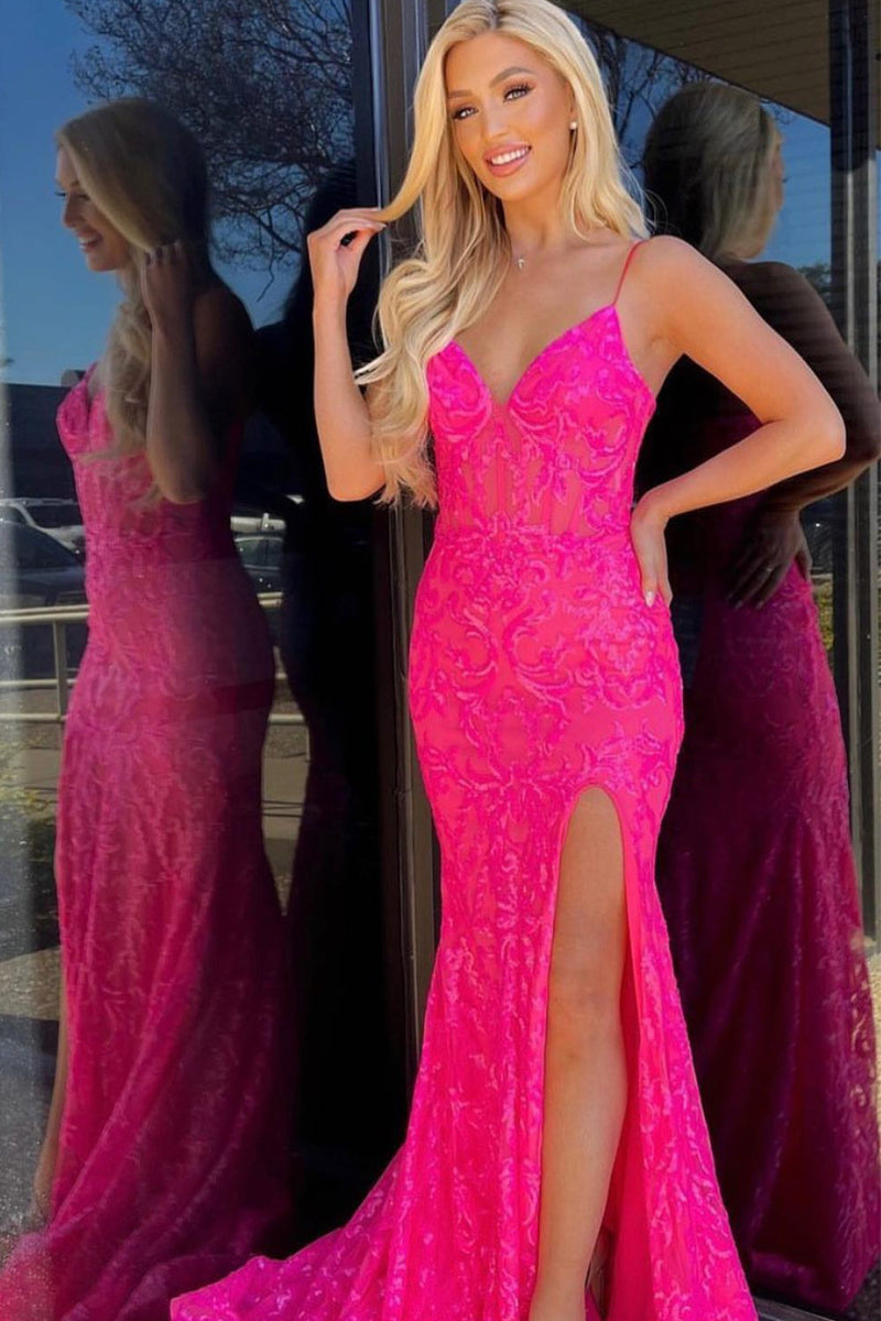 Load image into Gallery viewer, Hot Pink Spaghetti Straps Mermaid Prom Dress