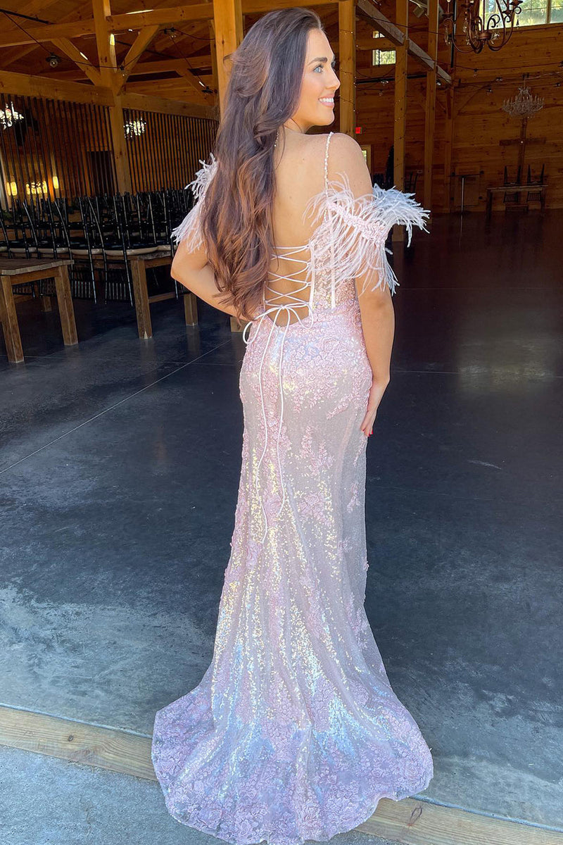 Load image into Gallery viewer, Lavender Appliques Mermaid Prom Dress with Feathers