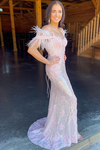 Lavender Appliques Mermaid Prom Dress with Feathers