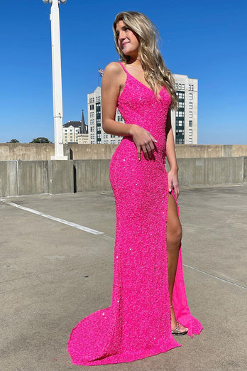 Mermaid V Neck Fuchsia Sequins Long Prom Dress