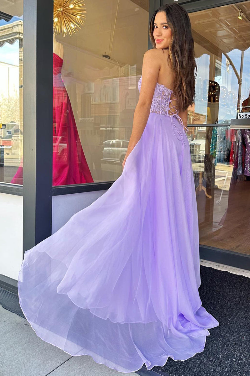 Load image into Gallery viewer, Lilac Corset A-Line Sweetheart Long Chiffon Prom Dress with Slit